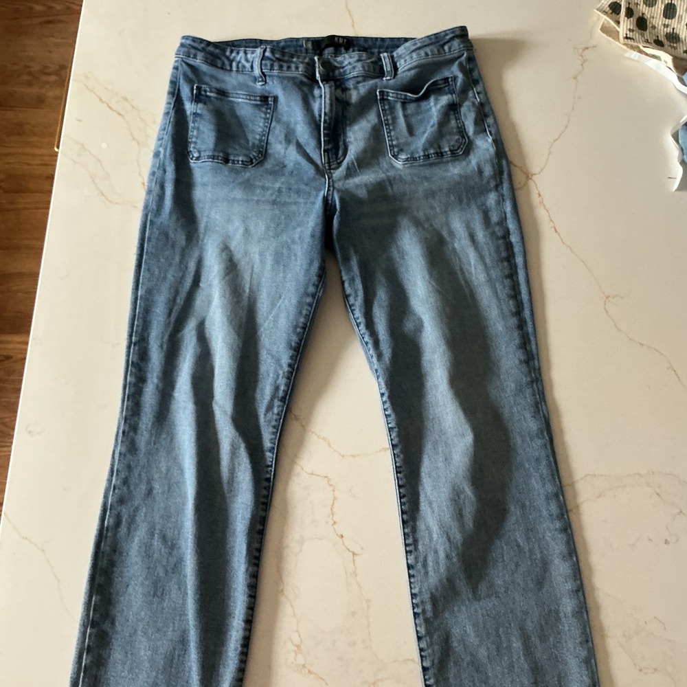 KUT from the Kloth Meg Wide Leg Jeans Medium Wash Raw Hem Size 16
